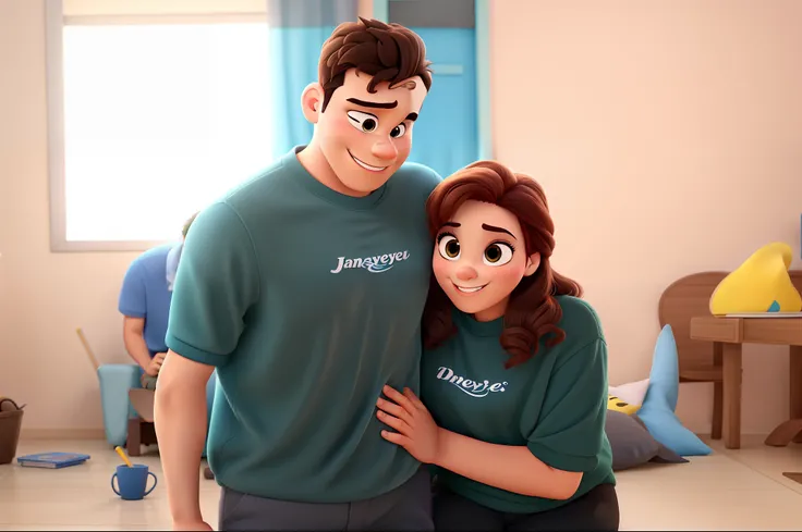 Desenho estilo Disney Pixar, um casal jovem rindo juntos