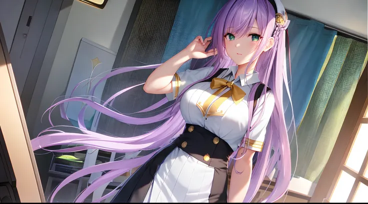 Athena with plain long light purple hair,hair between eyes,green eyes,rosy cheeks,full lips,thin eyebrows,slender body,wearing black school uniform and full long skirt,praying beads on neck,cute anime girl,full body,computer bedroom in background,anime sty...