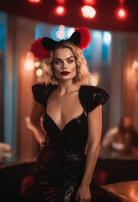 Portrait of Margot Robbie as clown at crowded party, wearing black-red clown suit closed, estilo arlequina, Your face is illuminated by neon lights, Parece Arlequina, cor violeta, Hes on his feet, Estilo de disparo do modelo (extremamente detalhado CG unid...