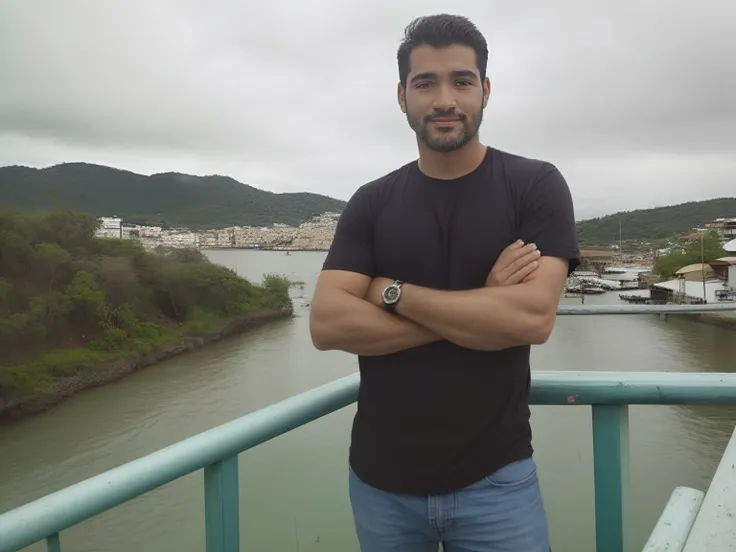 Theres a man standing on a bridge with his arms crossed, com montanhas ao fundo, foto de perfil 1024px, Homem de 30 anos, Zachary Corzine, tiradas no final dos anos 2000, tiradas em meados dos anos 2000, david rios ferreira, cerca de 3 5 anos, caio santos