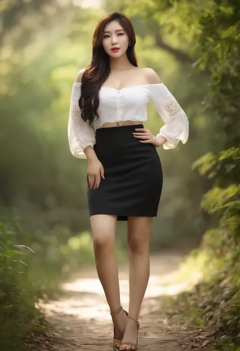 Asian women，tmasterpiece，Highest quality，photorealistic realism，Tremendously beautiful，Very detailed，Female characteristics are distinct，huge boob，whole body display，wearing short skirt，Plate hair，1 woman