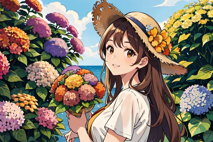 (Best quality, Masterpiece),Sunny，Broad lens，(Brown hair long)，Lively cute girl with long brown hair，With a straw hat，A big smile，wearing an orange t shirt，Holding a bouquet of hydrangeas，There are a lot of hydrangeas around，Full of hydrangeas，Colorful