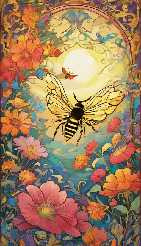 A bee flies over colorful flowers of psychedelic design, close, The scene isnt great, claro e claro, 4k, oil painting texture, Artistic sense, Sentido da pintura, classical oil painting