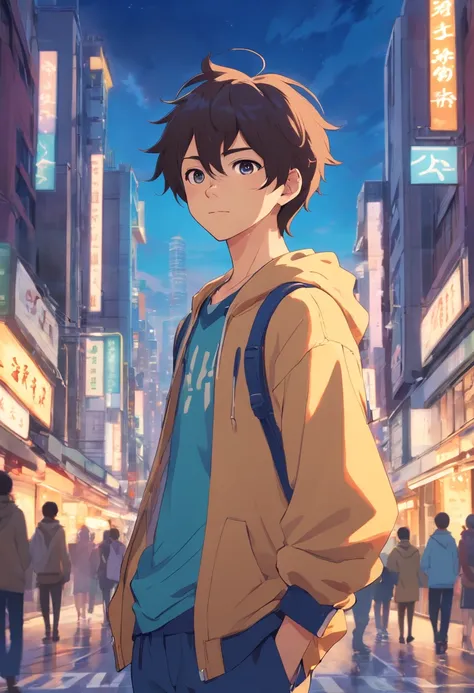 A boy, transformed into an anime style, with exaggerated unique facial features and clothing, standing on a bustling city street, backlit background highlighting the subject, high-contrast colors, 4K high-definition quality，young, smiling, handsome