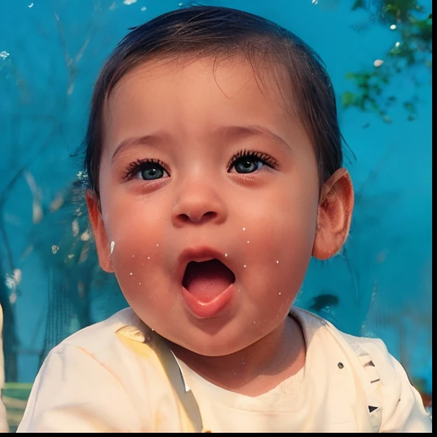 A brunette open-mouthed baby in the background of a park image