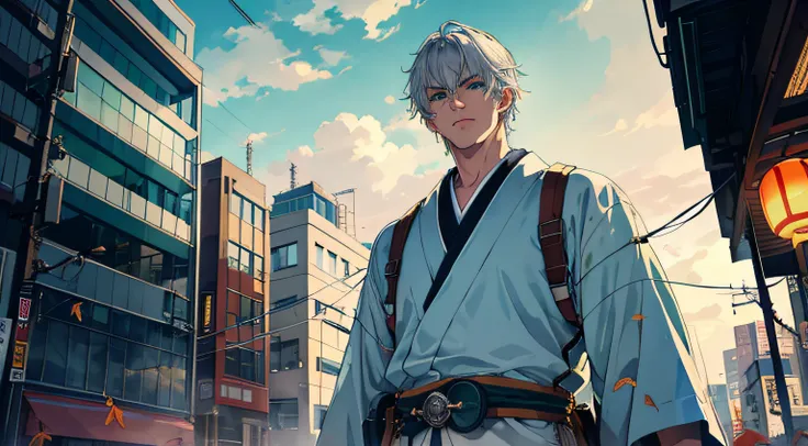 japan, highres, highest quallity, illustration,  ultra detailed, (detailed face), (detailed eyes), soft lighting, best quality, hazy glow, dreamy atmosphere, hyper detailed, masterpiece, 1men, solo, silver hair, green eyes, traditional cloth, Japanese knig...