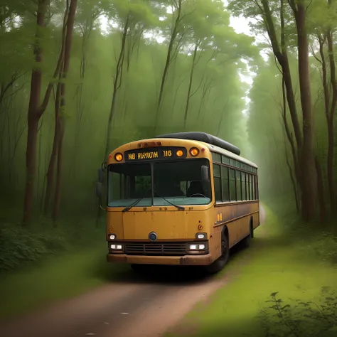 A overgrown road with a ruined and brown stained school bus stretching down while it borders lines of forest