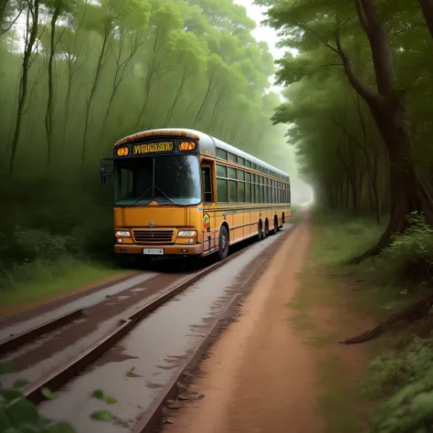 A overgrown road with a ruined and brown stained school bus stretching down while it borders lines of forest