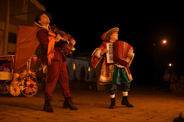 They are performing a musical act in a town square at night, Da Commedia DellArte, circus performance, taken in the night, Capturado na Canon EOS R 6, Tomado com Sony Alpha 9, photo taken at night, in the nighttime, magical scene, musicians, Foto tirada co...