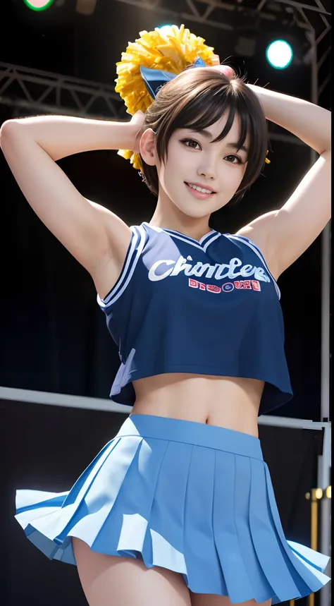 (Best Quality, master piece, Ultra high resolution, (Photorealsitic:1.4), Raw photo, extremely detailed), cowboy shot, dynamic pose, looking at viewer, (1girl, 15-years-old, Japanese number one idol and the most popular cheerleader, dancing at school festi...