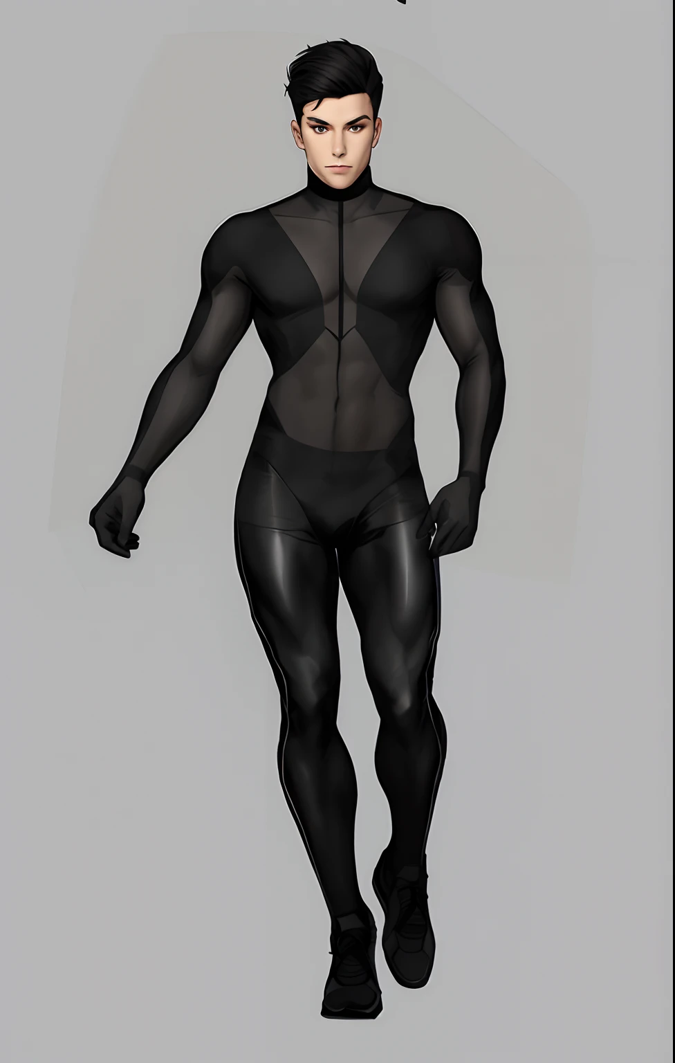 costume sketch, male wearing black transparent leotard, the leotard is tight to the body, sketch, fashion, male, transparent full body.