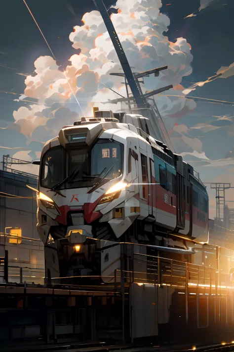 Skysky，​​clouds，lightning，gundam-styled Train,The waist is recovered，no_humans，with light glowing，buliding，glowing lights，mecha train，scientific fiction，城市，Realistis，mecha train