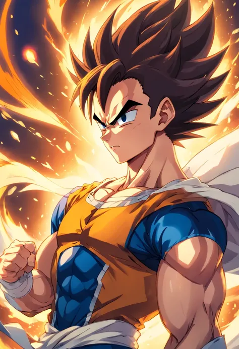 a detailed illustration of Vegeta, Personagem de Dragon Ball, treinando intensamente em uma academia, showing your defined muscles and determined expression.