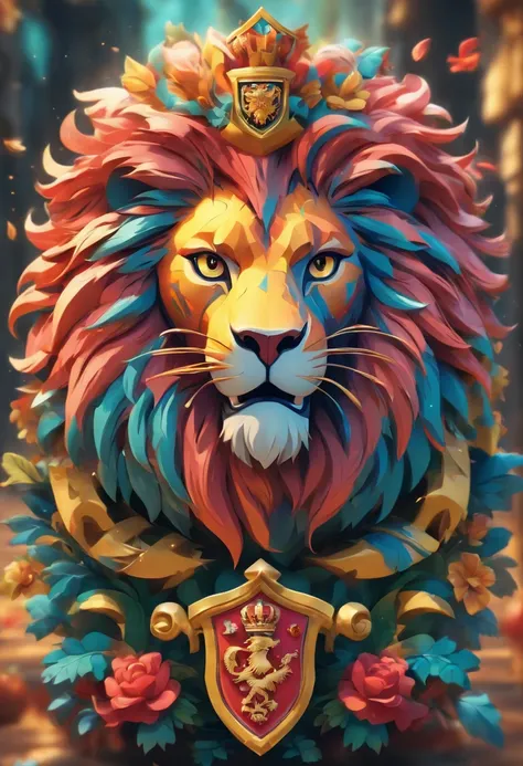 Design a unique coat of arms with the3d name "Sampaio family", incorporating 3d vibrant colors and a powerful lion symbol.