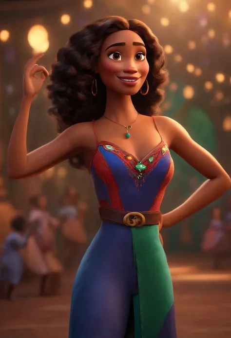 Pixar style image with 3D character mulatto woman medium straight hair dancing, Maquiagem Disney,Pescador, bonitinho, sorridente ,Close-up, Pixar, Disney, Cinema lighting, engenheira