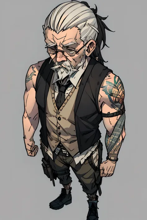 old hipster man wearing a vest, tied up hair and tattoos on his arms, full body