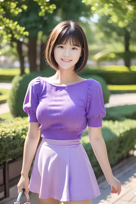 20-year-old girl, short detailed hair, There are pear swirls on the face, Pouting and smiling, Purple skirt, trpical garden, There are houses in the background.