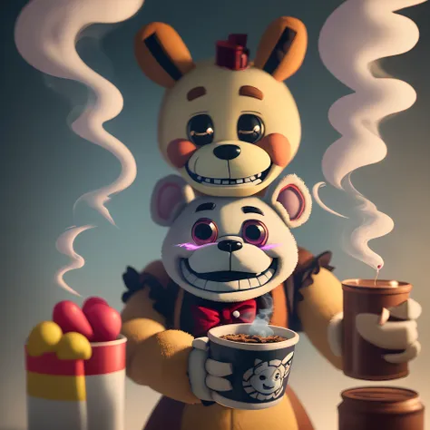 Bonnie from Five nights of Freddy’s with a sad face holding 2 cups stacked up in one hand and a blunt in the other with smoke coming out of his mouth