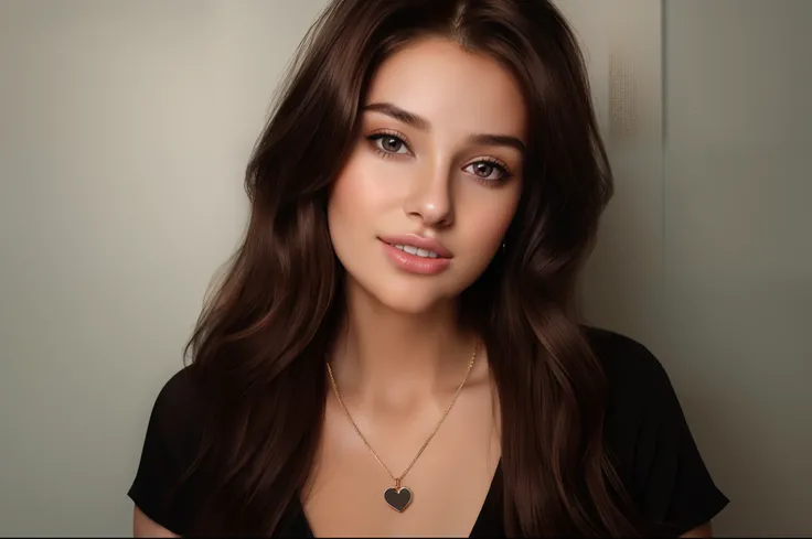 arafed woman with long brown hair and a heart necklace, portrait sophie mudd, young woman with long dark hair, realistic portrait photo, realistic studio portrait, a beautiful young woman, digital art. photo realistic, young beautiful woman, photorealistic...