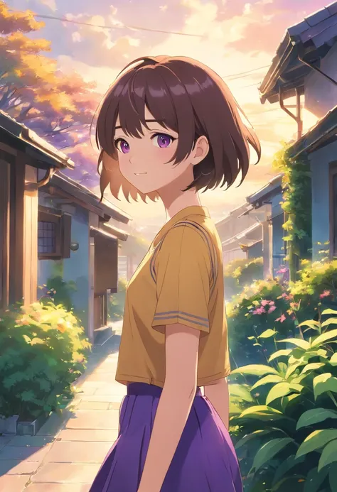 20-year-old girl, short detailed hair, There are pear swirls on the face, Pouting and smiling, Purple skirt, trpical garden, There are houses in the background.