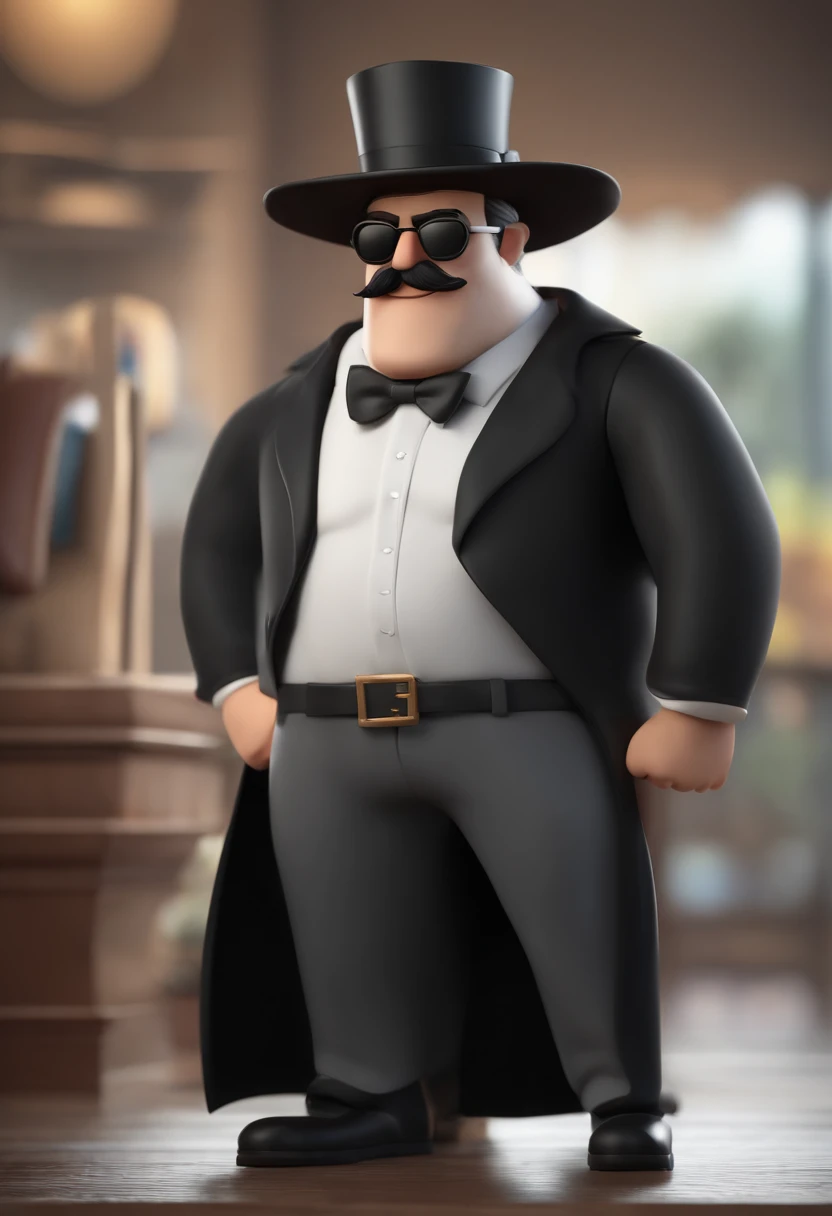 Cartoon character of a man wearing black glasses and a black shirt, com chapeu preto modelo panama, com camera DSLR, loiro calvo com tons grisalhos, barba e bigode no mesmo tom, um personagem animado, Caractere estilizado, animation style rendering, 3D est...