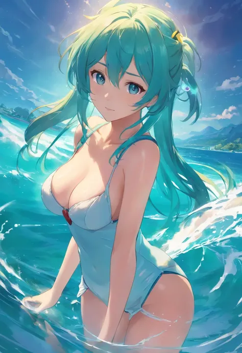 （tmasterpiece、top-quality、8k wallpaper、A high resolution、realisticlying），Big breasts Hatsune Miku，Beautiful breast leakage，flooded with water，Get wet，shirtless，the setting sun，the ocean