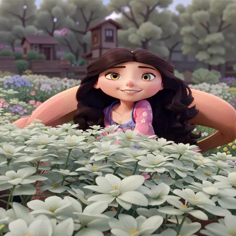 A brunette woman amidst flowers in Pixar animation style in high quality