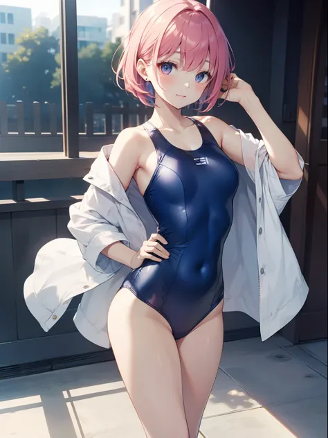 The ultra -The high-definition、high-level image quality、top-quality、Full feet and hands、complete fingers、Beautuful Women、1 persons、pinkhair、Bery short hair、ssmile、Pink swimsuit、Niō Standing、Arms crossed