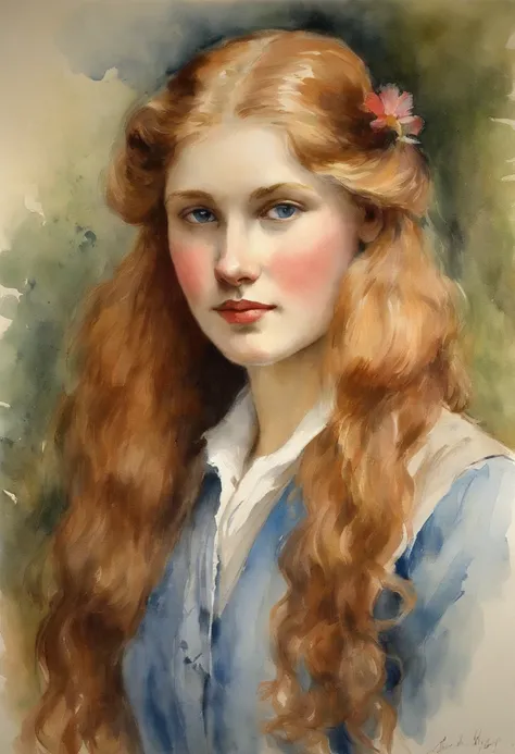 1939, painting in JULES BASTIEN-LEPAGE STYLE, ww2, a seventeen-year-old young woman, with long strawberry blonde hair and blue eyes eyes. Wearing an epoch nurse uniform. Photo signed with a handwritten signature "Vicky"