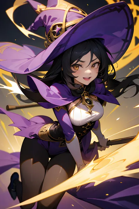 Looking for a high-quality masterpiece with Full HD 8K resolution in the Genshin Impact style. The illustration must feature a beautiful witch flying on a broomstick.
The witch is elegant and enigmatic, with long black hair that flutters as she rises throu...