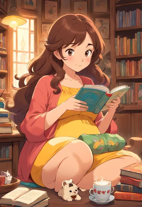 Create a Disney Pixar version of a pregnant woman, who likes books, dogs, cats and coffee. She lives in Rio de Janeiro. She is a brunete and her hair was soft curly.