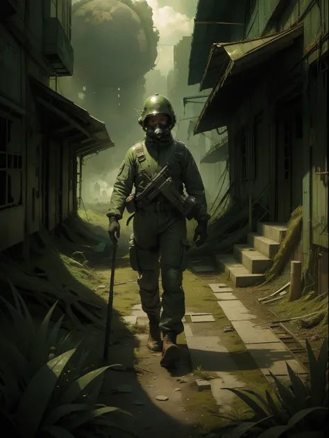 (Ultra detailed), (Masterpiece), (Best quality), (Very detailed CG unit 8K wallpaper), A man in a gas suit explores an abandoned city, Follow this path, polluted, Abandoned, (Green sky), unnoticed, dawn, concept-art, (Small increases are tiny, Shiny fungus...