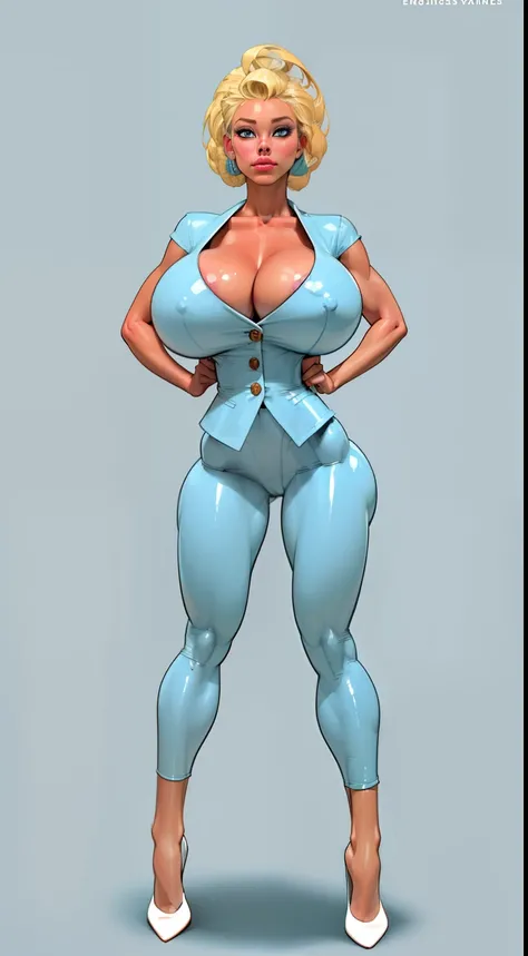 ((masterpiece)),(((best quality))), ((character design sheet:1.4)), ((full body view)) illustration,1girl, muscular, ((light blue business suit:1.4)), bubbles, (((Womens Pompadour hairstyle:1.6))), ((light blonde hair:1.4)), blue suit ((detailed face:1.4))...