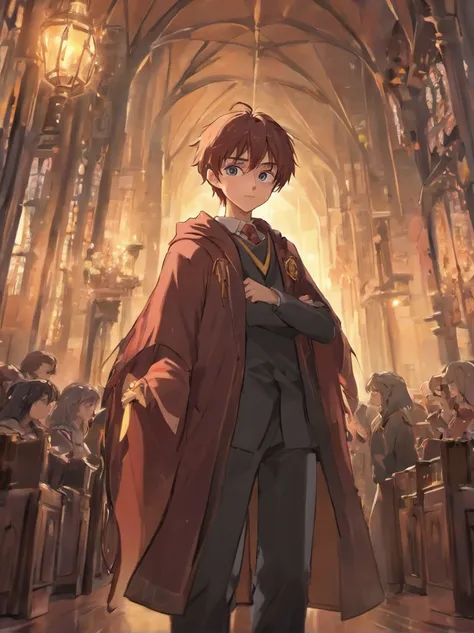 (absurdres, highres, ultra detailed, HDR), masterpiece, best quality, Harry Potter character inside library, handsome face, anime eyes, detailed interior, detailed character