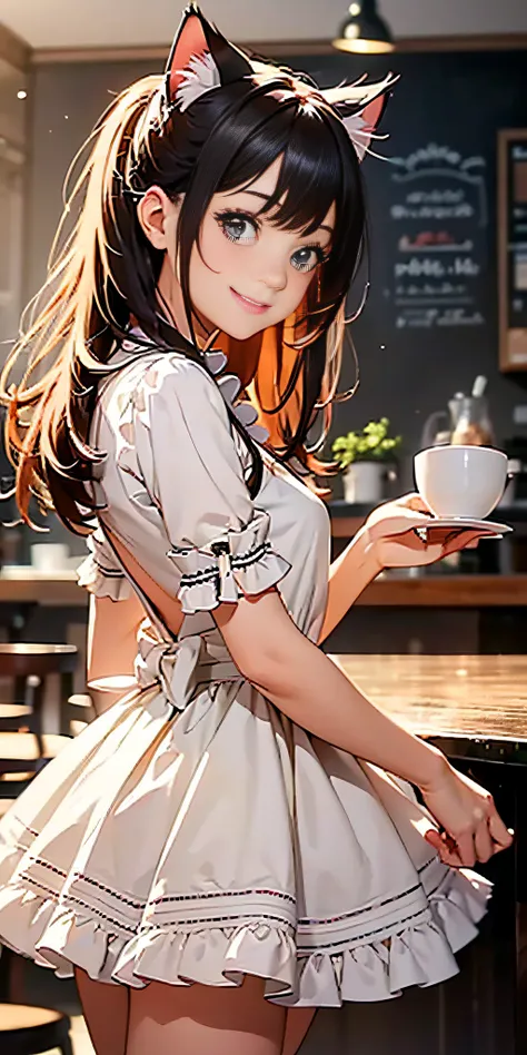 Best quality, masterpiece, HD digital photo of a girl, Pixar animation style, a cat-eared girl in English maid outfit, upper body, standing back smiling looking at the camera, Cafe Background, soft lighting, warm colors, (((75% nude)))