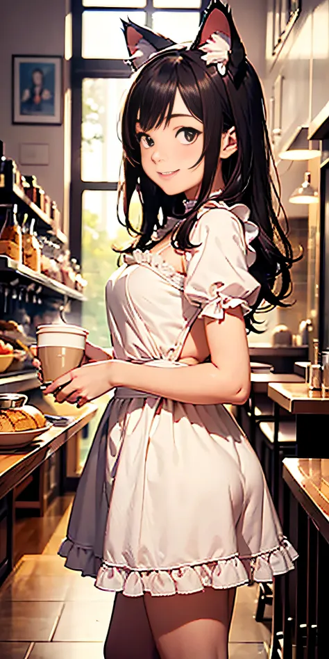 Best quality, masterpiece, HD digital photo of a girl, Pixar animation style, a cat-eared girl in 50% English maid outfit, upper body, standing back smiling looking at the camera, Cafe Background, soft lighting, warm colors, (((75% nude)))