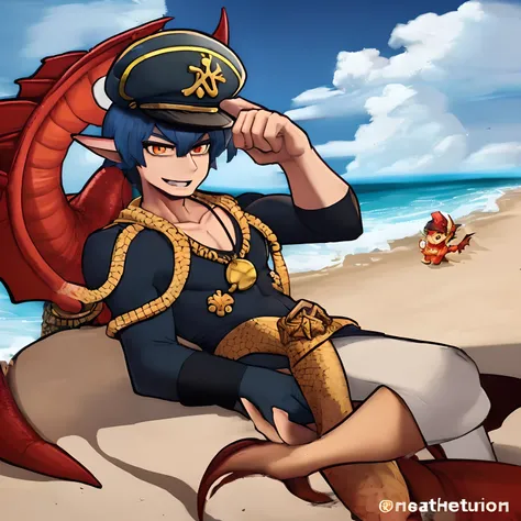 ((Anthro dragon)), one male, captain outfit, beach background