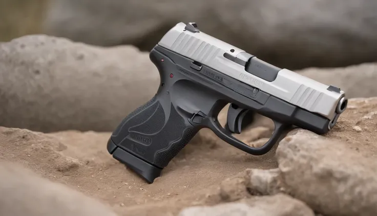 Ruger LCP Max, a compact .380 ACP pocket pistol with a polymer frame, Close-up of a gun standing upright on rocky ground, stainless slide, gray finish, and 10+1 capacity, resting on a wooden table with brass ammunition nearby, emphasizing the minimalist de...