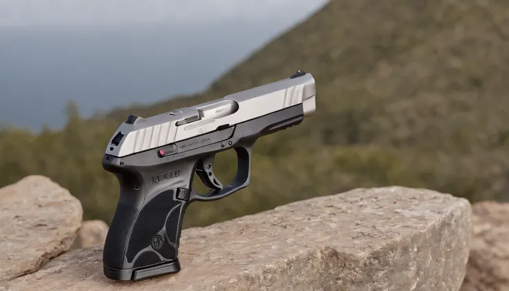 Ruger LCP Max, a compact .380 ACP pocket pistol with a polymer frame, Close-up of a gun standing upright on rocky ground, stainless slide, gray finish, and 10+1 capacity, resting on a wooden table with brass ammunition nearby, emphasizing the minimalist de...