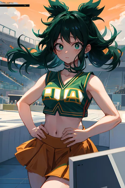 1 girl, izuku midoriya girl, femeale version, genderswap, u.a. cheeruniform, pom pom \(cheerleading\), holding pom pom, orange c...