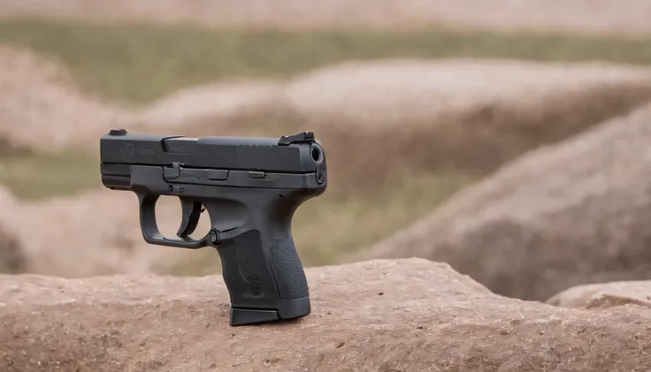 Ruger LCP Max, Close-up of a gun standing on rocky ground, a compact upright semi-automatic pistol, aimed at an outdoor target, showing proper grip and sight alignment, highlighting enable its role as a concealed carry weapon, Live Fire , Sony A7 IV with 8...