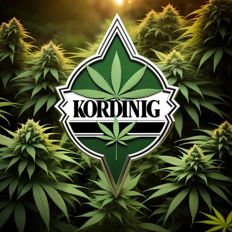 Logo in front of a magical bush of marijuana, korinsgarden, official artwork, official art, with green cannabis leaves, iconic logo symbol, by Izidor Kršnjavi, official product photo, logo art,