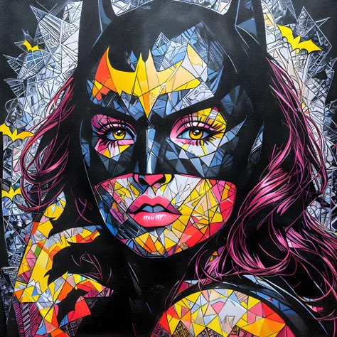 Batman woman with bat mask and yellow and black face paint, Art by Eduardo Kobra and The Twins and Nakamura Pautasso, Batgirl, arte vetorial, Jen Bartel, inspirado em Sandra Chevrier, arte pop de fantasia, Anigirl Batman, Directed by: Patrick Adam, Retrato...