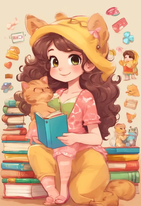 Create a Pixar character version of a pregnant woman, who likes books, dogs, cats and coffee. She lives in Rio de Janeiro. She is a brunete and her hair was curly and medium size. She has two black cats, one light brown dog, and one black and white bicolor...