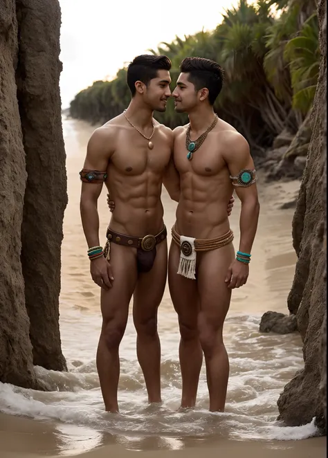 two latino men in native clothing standing on a beach next to each other, muscular men entwined together, two muscular men entwined, 2 muscular attractive men, gay, two male, cute boys, twink, loincloth, wearing loincloth, shirtless, homoerotic!!, homoerot...