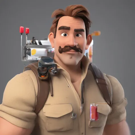 Criar um personagem no estilo Pixar. Trata-se de um homem de 37 anos, com barba, Branco, com cabelos castanhos curtos e um quiff, e olhos castanhos. Ele deve estar na frente de um aparelho de raios x