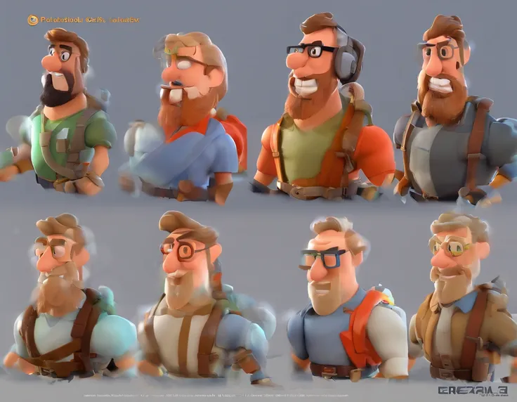 Criar um personagem no estilo Pixar. Trata-se de um homem de 30 anos, com barba grisalha, Branco, com cabelos preto curto, e olhos castanhos, square eyeglasses. Ele deve estar na frente de um computador, Trabalhar como palestrante.