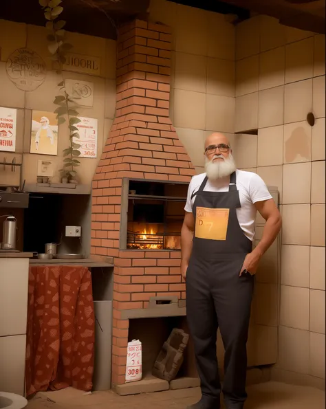 Theres a man standing in front of a brick kiln, cooking show, Directed by: Viktor Oliva, overalls and a white beard, standing in a restaurant, Directed by: Ignacio Zuloaga, Directed by: Ramon Silva, por Veno Pilon, Directed by: Samuel Silva, Directed by: A...