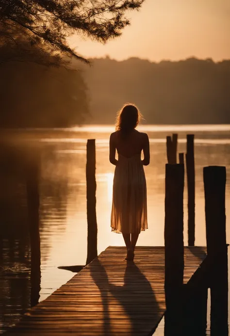 A close-up photograph of a nude woman standing on an old wooden pier with her back to the camera, gazing out over a serene lake. The early morning light casts a soft, muted glow, highlighting the gentle ripples on the water. A delicate mist rises from the ...