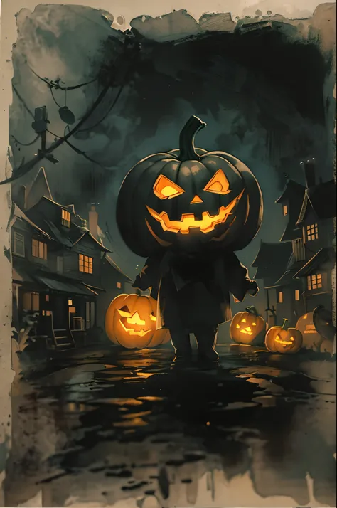 In a pitch-black city、A jack-o-lantern dimly lit by an oil lamp. A jack-o-lantern floating in the dark night city、Makes you feel scared.Artist uses blotting ink、Blurred image borders, Combination with delicate brushwork、Expressing the details of a picture....